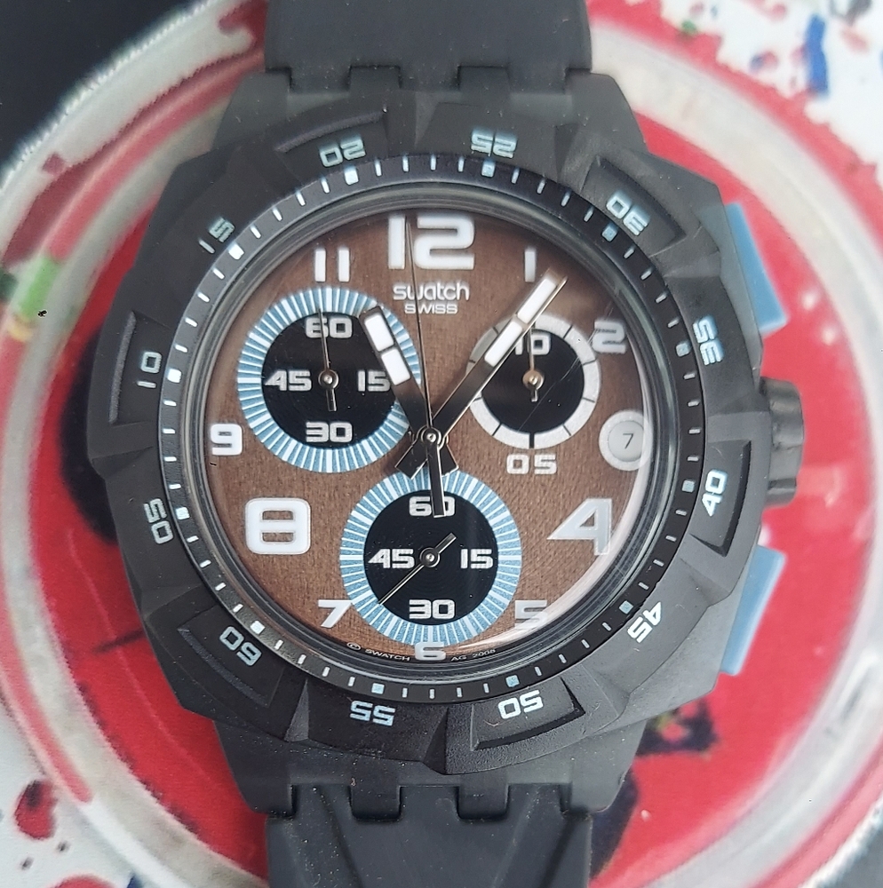 Swatch Watch FOLLOW THE TRACK SUIM401 2009 Rare Swiss Made Chronograph Quartz
